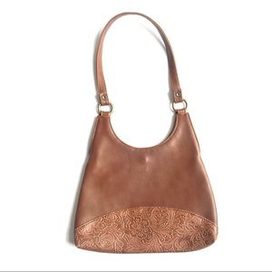 Brown vegan shoulder bag with floral emboss/ studs‎